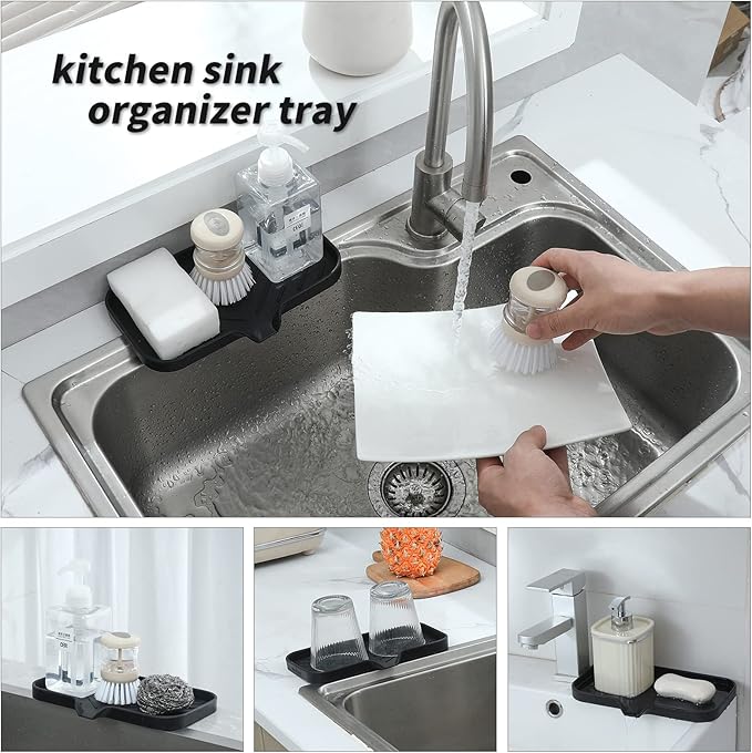 MicoYang Silicone Bathroom Soap Dishes with Drain Spout-Bathroom and Kitchen Sink Organizer,Sponge Holder,Dish Soap Tray,Perfect for Dispenser,Scrubber,Bottle,Cup on Sink or Counter-Black 9.6"×5.3"