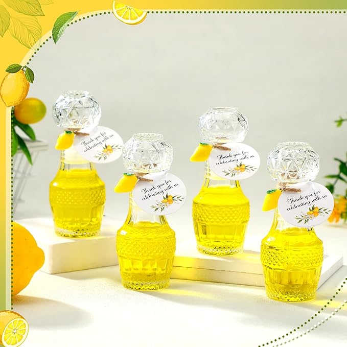 Chuangdi 16 Sets Mini Limoncello Glass Bottles Limoncello Bottles with Labels 1.7 oz Lemon Pendants Lemon Party Favors for Homemade Brewing Wedding Baby Shower Gifts(Fresh)