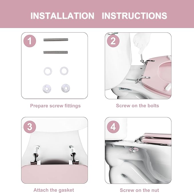 Pink Round Toilet Seat Natural Wood Toilet Seat with Zinc Alloy Hinges, Easy to Install also Easy to Clean, Scratch Resistant Toilet Seat by Angol Shiold (Round, Pink)