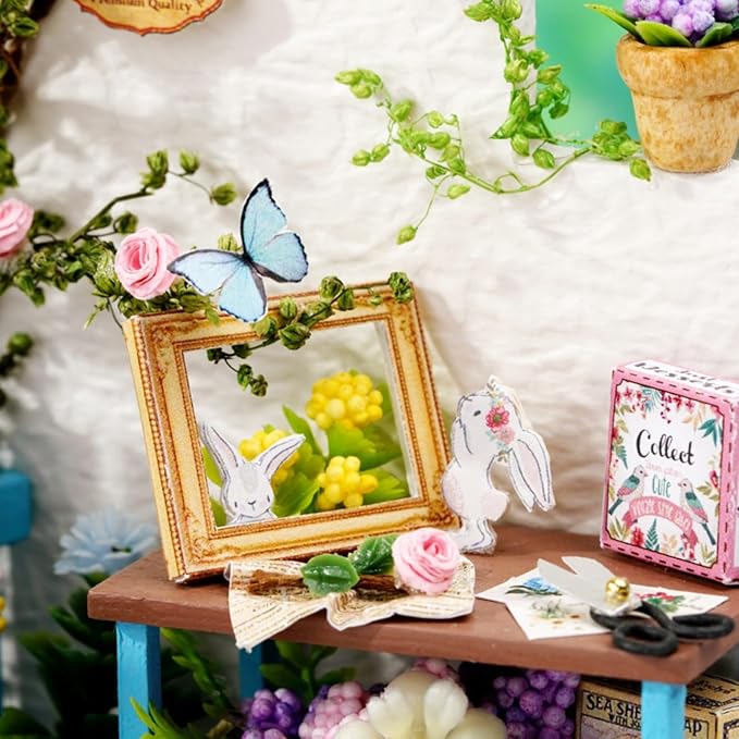 DIY Miniature House Kit, Mini House Building Kit with LED & Dust Cover, DIY Wooden Dollhouse Miniature Kit for Adults Teen, Wooden Crafts Lovely Dollhouse Kit, Corner of Garden
