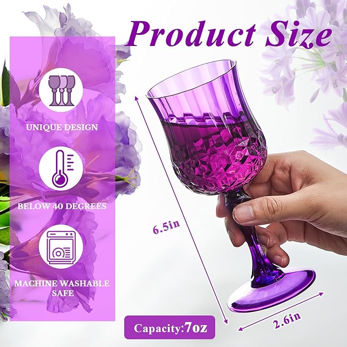 Pinkunn 24 Pcs 7 oz Plastic Vintage Wine Glasses Reusable Colored Goblets Patterned Drinking Water Glasses Cup Dishwasher Safe for Valentine's Day Wedding Reception Party Supplies (Purple)