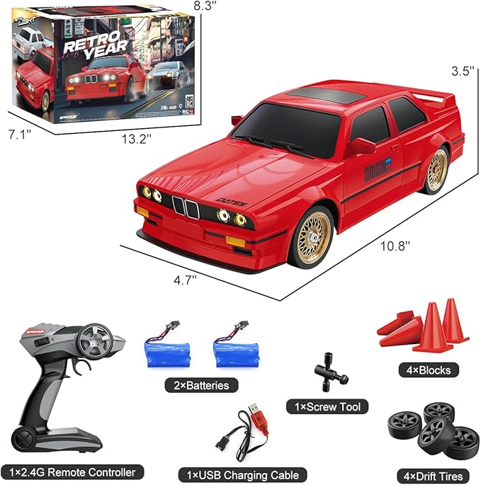 RC Drift Car for Kids Adults 1:16 Scale 2.4Ghz 4WD High Speed RTR Racing Car 30KM/H with Led Lights Remote Control Vehicle Sport Toy Gifts for Girls Boys, Two Batteries and Drift Tire Included