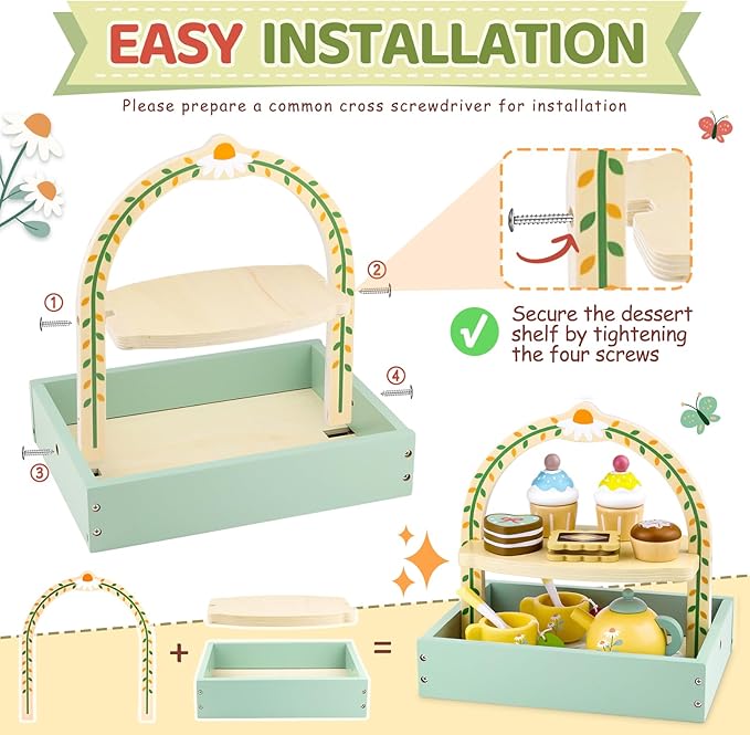 Wooden Tea Sets for Little Girls Play Food Cake Toys Toddlers 3-5 Kitchen Accessories Pretend Play Princess Playset for 3 4 5 6 Year Old Girl Boy Party Birthday Gift