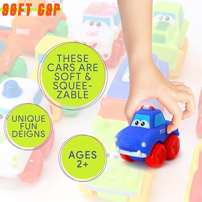 Big Mo's Toys Baby Cars - Soft Rubber Toy Car Set Small Vehicles for Babies and Toddlers - 12 Pieces