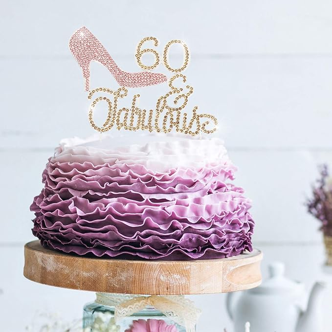 LINGTEER 60 Fabulous Pink High Heel Rhinestone Crystal Cake Topper Perfect for 60th Birthday Anniversary Party Keepsake Sparkle Decoration