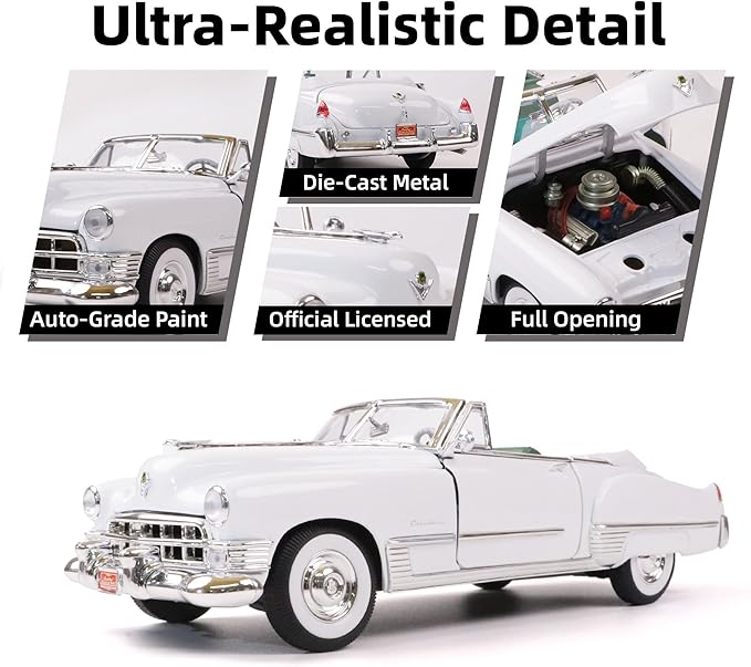 1949 Cadillac Elvis 1/18 Scale Die-Cast Metal Model Car with Opening Doors & Display Case - Premium Classic Vintage Collectible Car for Kids Men and Teens (White)