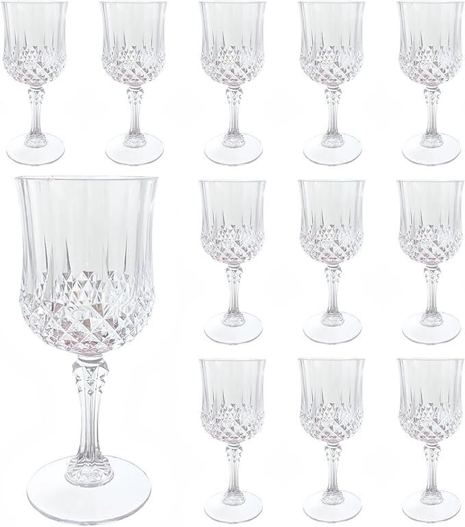 LEYIQU Plastic Wine Glasses, Plastic Goblets Vintage Style Cordial Drinking Glasses for Valentine’s Day, Wedding Reception, Grand Event Party Supplies (12, Transparent)