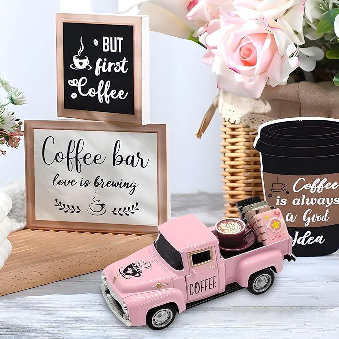 Coffee Decor for Coffee Bar Vintage Metal Truck with Mini Fake Books and Coffee Farmhouse Pink Christmas Tiered Tray Decor Coffee Station Tabletop Coffee Ghost Sign Rustic Coffee Table Centerpiece