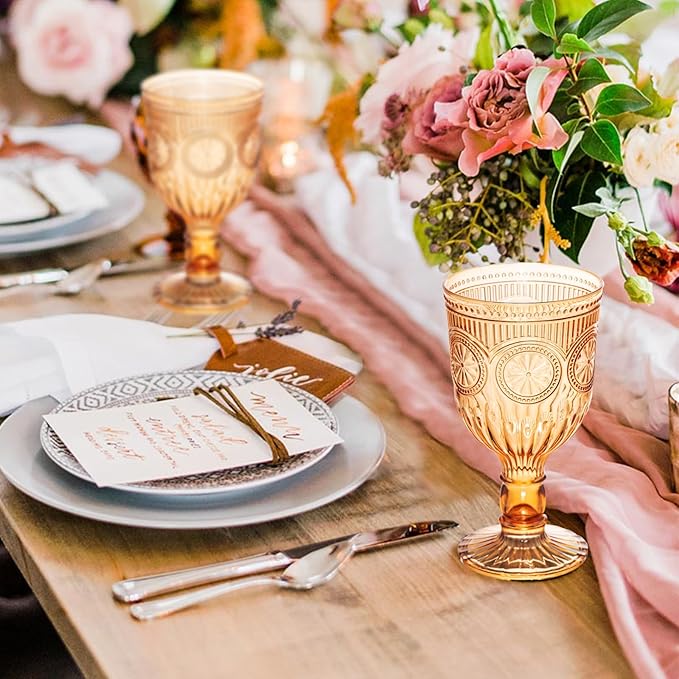 24 Pack Vintage Wine Glasses, Plastic Reusable 12 Ounce Colored Water Goblets, Unique Flower Embossed Pattern Unbreakable Stemmed Wine Glasses High Clear Wedding Party Bar Drinking Cups Amber