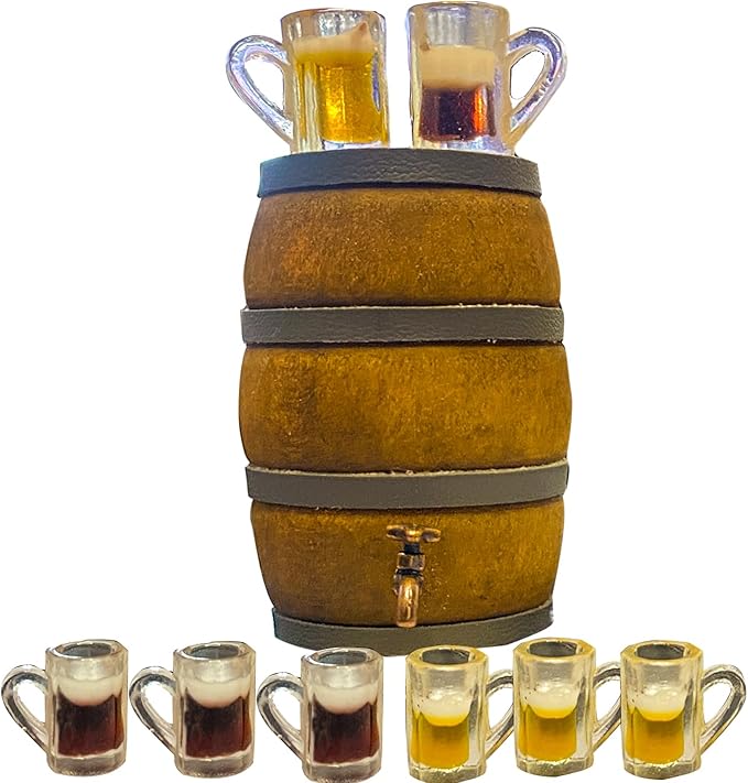 9Pcs Mini Beer Barrel Decor Miniature Wooden Figurine Wine Barrel Model with Faucet and Wine Glass Suitable for Fairy Garden Bar Doll House Decoration