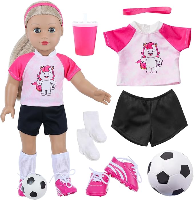 18 Inch Doll Accessories Football Sport Set - 7PCS Includes Headband, Tops, Shorts, Shoes, Mini Soccer Ball, Socks & Water Bottle for American Doll Pretend Play, Gifts