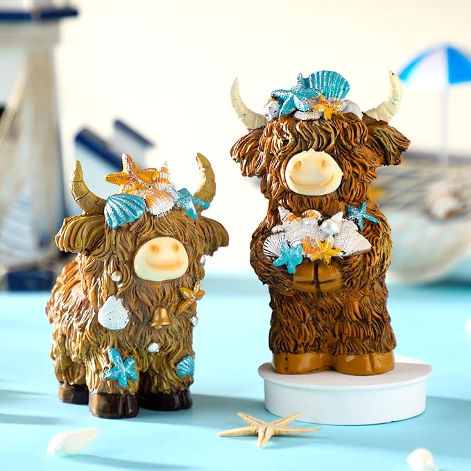 Burbell 2 Pcs Coastal Highland Cow Decor Summer Beach Ocean Themed Highland Cow Figurines Resin Starfish Seashellstatue Calf Lovers Gifts for Home Garden Kitchen Office Tiered Tray Table Decor
