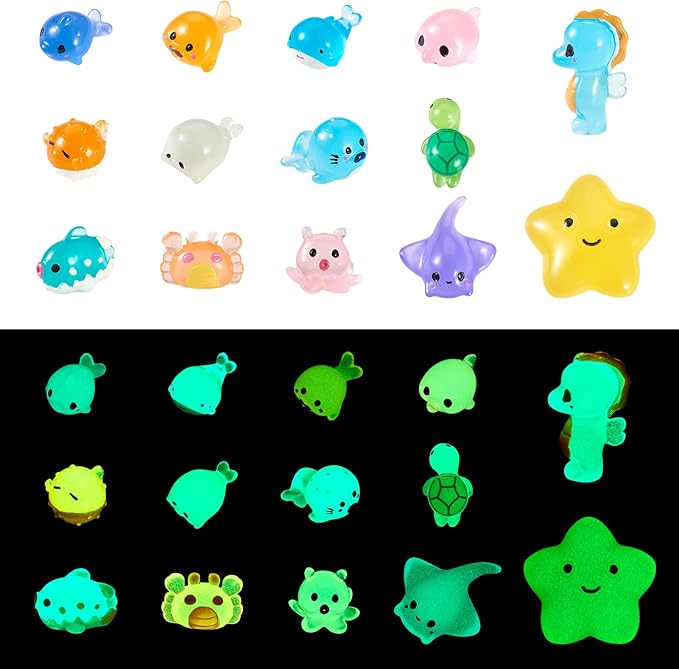Beadthoven 28pcs Luminous Mini Resin Sea Animals Figures, Fish Crab Star Turtle Figurine Glow in The Dark Miniature Ocean Animal Ornaments for Fish Tank Potted Garden Decoration DIY Micro Landscape