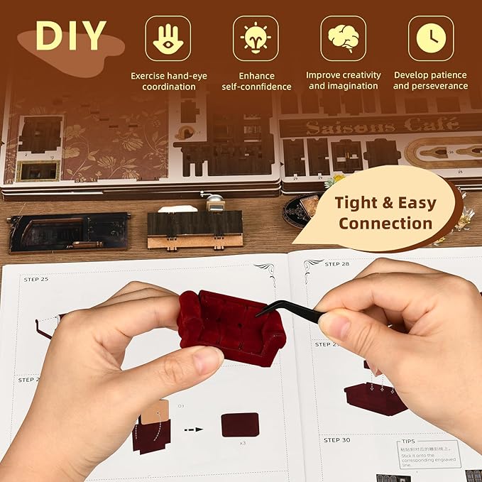 Book Nook Kit - DIY Miniature House Coffee Shop Dollhouse Kit for Adults and Teens, 3D Wooden Puzzle Booknook Tiny House Bookshelf Decor, Gifts for Family, Friends (Saison Café)