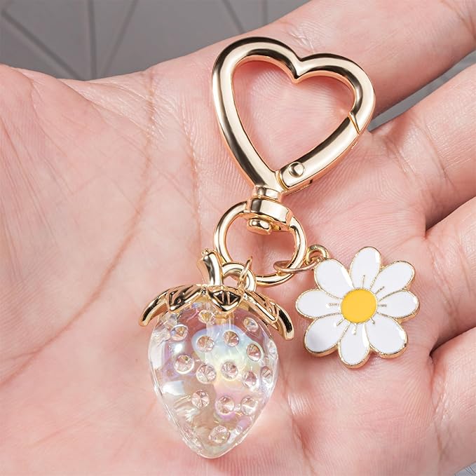Wikavanli Cute Strawberry Keychain,Bag Charms,Kawaii Heart Flower Daisy Key chains Accessories Decor for Women Girls Purse