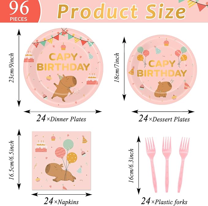 96 Pcs Pink Capy Birthday Party Decorations Cute Cartoon Capy Paper Tableware Set Pink Animals Theme Disposable Plates Napkins Forks for Kids Birthday Baby Shower Animal Party Supplies Serve 24 Guests