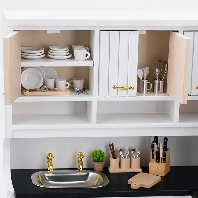 Doll House Kitchen Cabinet - 1/12 Scale Miniature Mini Table with Stove Sink Cabinet, Mini Wooden Dining Room Furniture Accessories, Decoration for Dollhouse Accessory