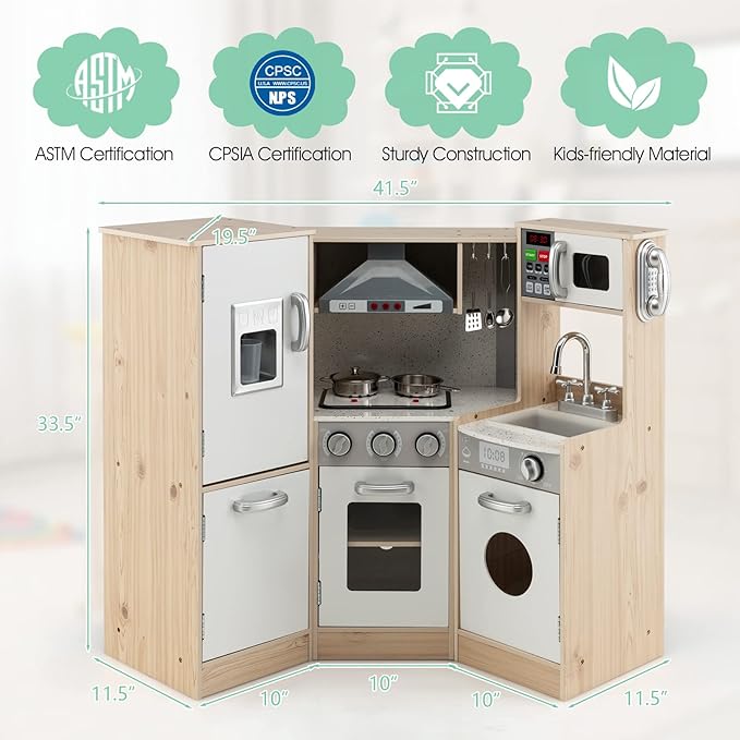 Costzon Kids Kitchen Playset, 9-in-1 Wooden Pretend Play Kitchen w/Realistic Light & Sound, Ice Maker, Washing Machine, Microwave & Stove, Toddler Kitchen Toy Set for Boys & Girls