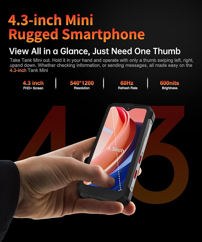 8849PRO Tank Mini,4.3" Android 13 Outdoor Rugged Smartphone Unlocked,Waterproof 4G Mobile Cell Phones with Camping Light,24GB RAM+256GB ROM,5800mAh/GPS/OTG(Support T-Mobile& Verizon Only)