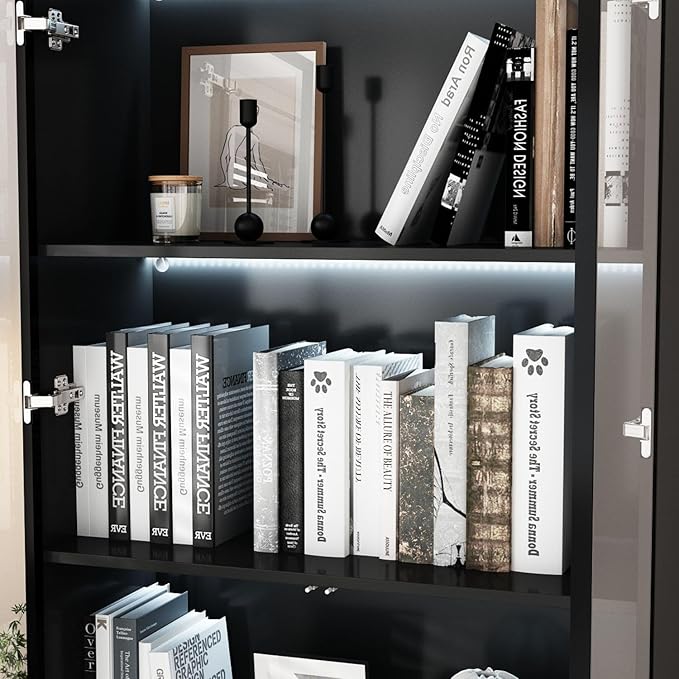 FAMAPY Display Cabinet with 4 Glass Doors and Lights, 5-Tier Storage Shelves, Pop-up Design, Trophy Case Display Cabinet for Collectibles, Black (31.5”W x 14.2”D x 78.7”H)