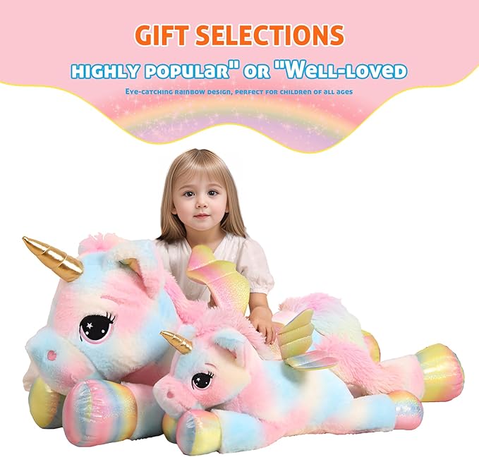 44 Inch Giant Color Unicorn Stuffed Animal Pillow, Cute Soft Big Unicorn with Rainbow Wings Large Plush Toy, Gifts for Girlfriend Girl Boy Kids Christmas Birthday Valentines