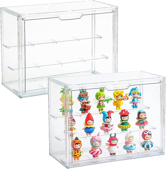 2 Pack Acrylic Display Cases for Collectibles, Clear Display Case for Figures, 3 Tier Display Shelf Boxes Miniature Display Case, Dustproof and Stackable Action Figure Display Cases (2, Large)