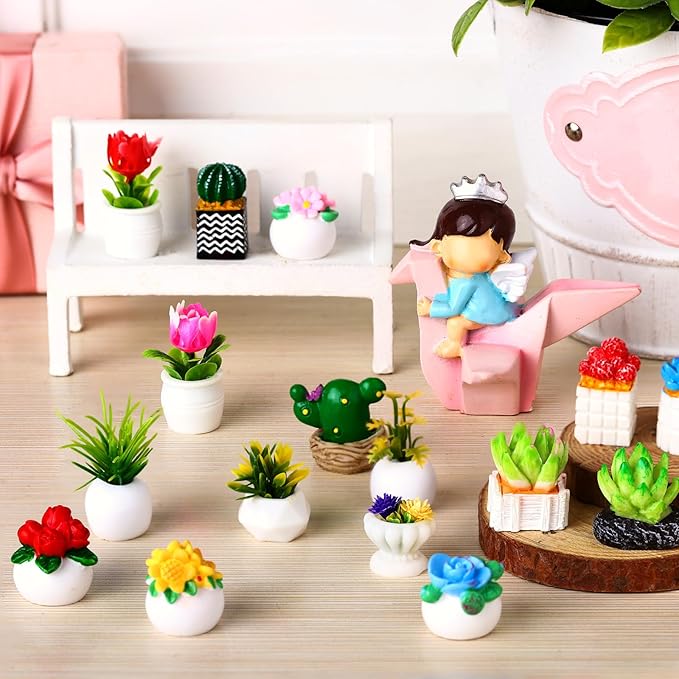Threehoney 30 Pcs Miniature Dollhouse Plants Accessories Mini Artificial Potted Flower Tiny Resin Greenery Cactus Figurines for Doll House Gift DIY Garden Bonsai Micro Landscape Decoration(Plants)