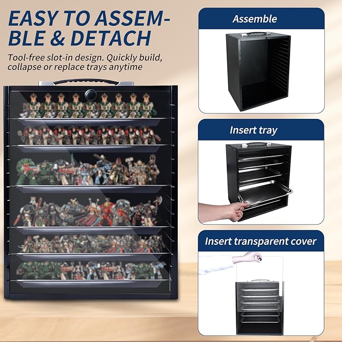 Miniature Display Case with 6 Removable Trays, Wooden Collectibles Storage Box with Clear Lid, Portable Miniatures Organizer for Tabletop Figurines & Models (Black)