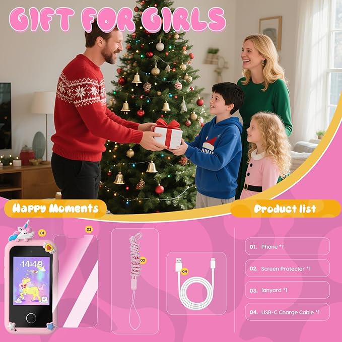 Kids Smart Phone Toys for Girls,Christmas Birthday Gifts for Girls Age 3-10 Kids Cell Phone Toys with 2.8" Touchscreen 20 Learning Games Dual Camera Music Player, 8G SD Card