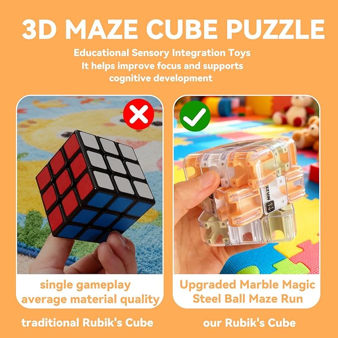 Challenging 3D Labyrinth Maze Cube, Brain-Testing Puzzle Game for Kids 8+, Educational Logic Toy for Home or Travel