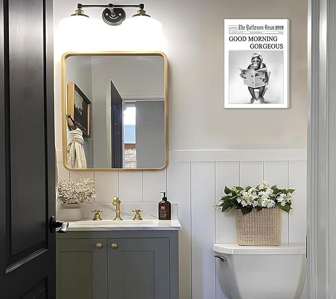 Funny Gorilla Bathroom Canvas Wall Art Black White Gorilla Reading Newspapers Painting Picture Wall Decor Humorous Bathroom Animals Poster Print Artwork for Toilet Home Decoration 16x24in