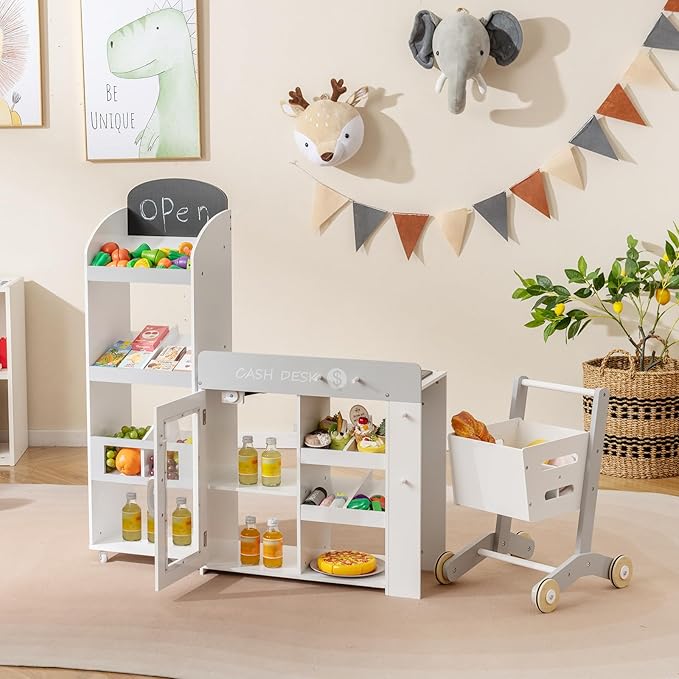 Costzon Kids Grocery Store Playset, Convertible Wooden Play Store w/Shopping Cart, Scanner, Chalkboard & Checkout Belt, Toddler Pretend Supermarket Checkout Stand for Boys & Girls