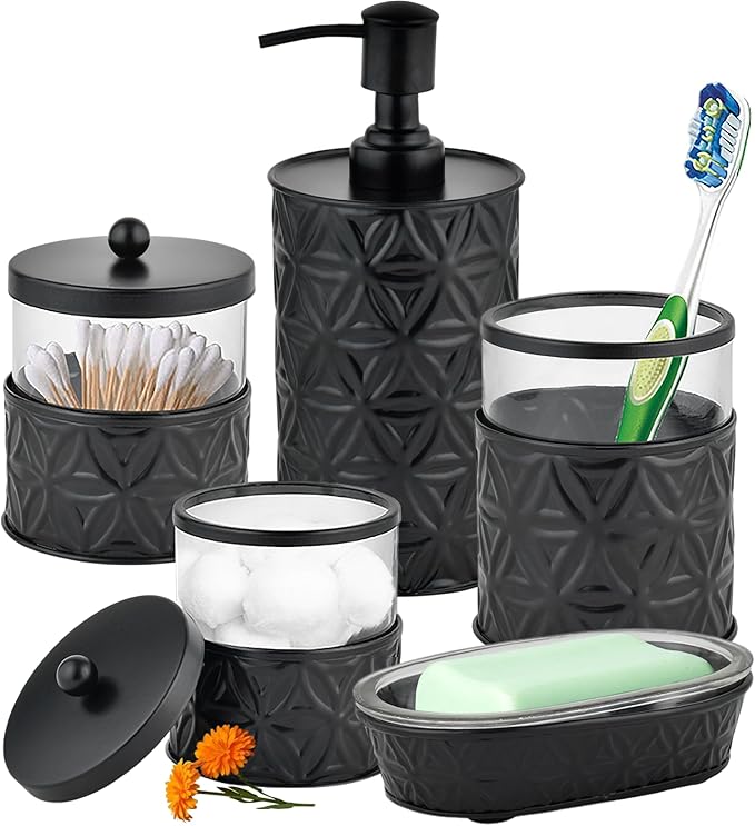 Autumn Alley Black Bathroom Accessories Set, 5 Pieces, Bathroom Decor - Black Soap Dispenser Bathroom Lotion Dispenser, Metal Toothbrush Holder, 2 Glass Apothecary Jars (Qtip Holder), Soap Holder