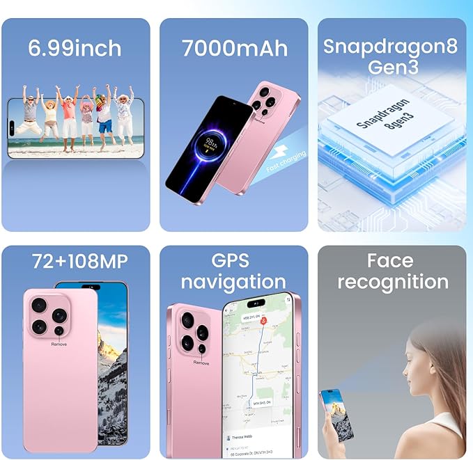 Huness I16PROMAX 16+1TB Smartphone Unlocked Cell Phone,6.99" HD Screen Unlocked Phones,Battery 7000mAh Android 14,Face ID/Fingerprint Button unlock/Photos/5G/Dual SIM/GPS (Pink, 16+1TB)