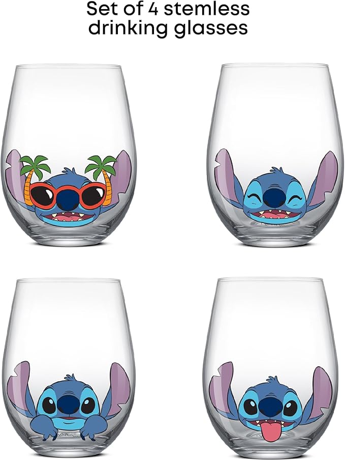 JoyJolt Disney Stitch Silly Sips Stemless Drinking Glasses, 19oz Teardrop Glass Cups, Glass Tumbler Cup Set of 4, Stitch Stuff, Lilo and Stitch Gifts, Disney Gifts for Adults