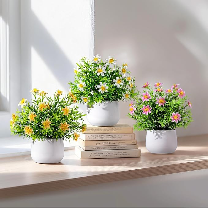Yarmare 3 Pack Small Fake Plants Artificial Potted Flowers for Indoor Mini Faux Plants with Flowers Greenery for Home Decor Living Room Bathroom Bedroom Office Table Shelf (White+Pink+Yellow)