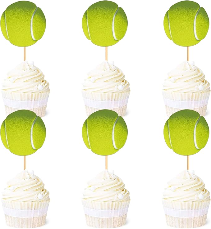 Ercadio 24 Pack Double Sided Tennis Cupcake Toppers Sports Ball Cupcake Picks Tennis Theme Birthday Cake Decorations for Baby Shower Kids Birthday Party Cake Decorations Supplies