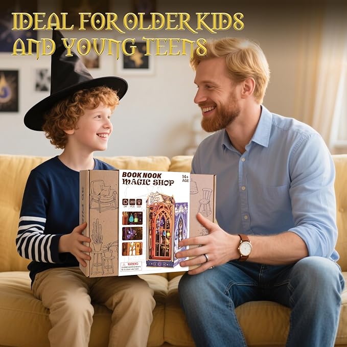 Glow in The Dark Book Nook Kits for Adults, Miniature House Dollhouse Kit for Teens, DIY Crafts for Adults, Bookshelf Decor Magic Shop with LED Light, Gifts for Family and Friends