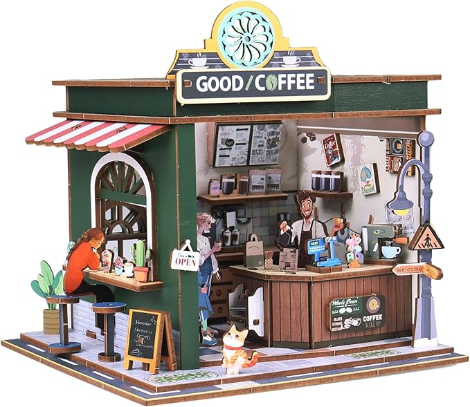 3D Wooden Puzzles Book Nook Kits for Adults Miniature House Building Kits, DIY Tiny Wooden Crafts Model Bookshelf Decor with LED Lights, Gifts for Family, Friends, Christmas(Coffee Shop)
