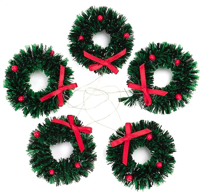 10 Pieces Mini Artificial Christmas Wreaths Ornaments, Dollhouse Miniature Christmas Wreath Doll House Mini Xmas Wreath for Dollhouse Door Windows Christmas Tree Decoration (Red Bowknot)