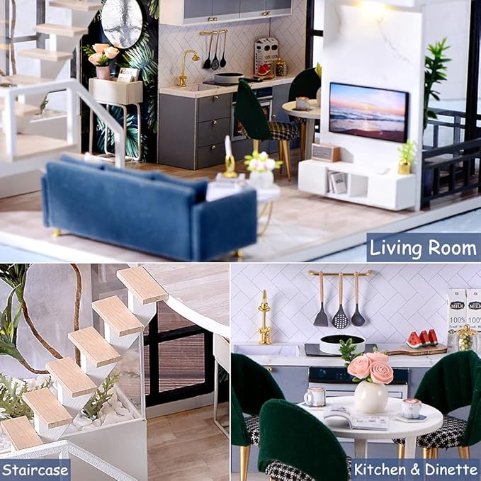 TuKIIE DIY Miniature Dollhouse Kit with Furniture, 1:24 Scale Creative Room Mini Wooden Christmas Doll House Accessories Plus Dust Proof & Music Movement for Kids Teens Adults(Satisfied Time)
