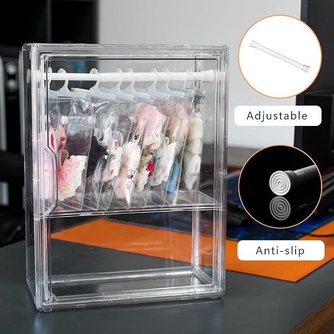 10 Pack Clear Doll Clothes Storage Bags with Hanging Rod & Hooks, Compatible with Labubu Clothes - PVC Transparent Organizer Set for Dolls, Space-Saving Wardrobe System