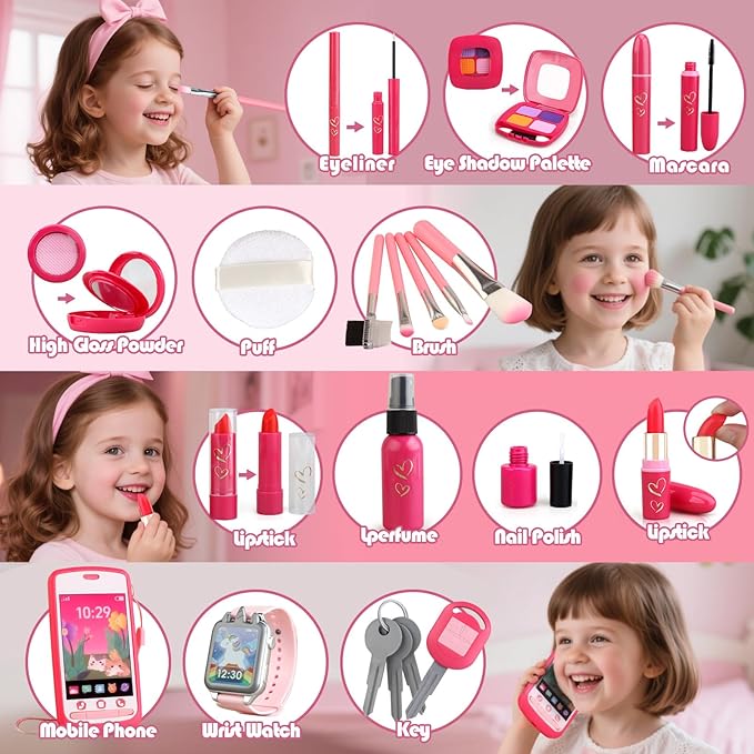Woumserta Girl Gift Pretend Makeup for Toddlers 3-5 4-6, Fake Makeup Set with Cat Commetic Case, Play Makeup for Kids Age 3 4 5 Year Old, Toddler Make Up Kit for Little Girls Birthday