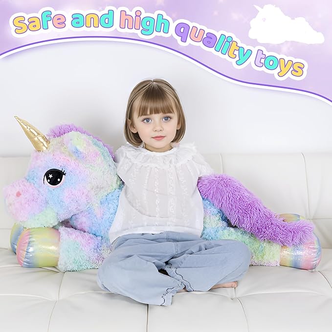 44 Inch Giant Rose Rainbow Unicorn Stuffed Animal Plush Toy with Wings Soft Cute Large Unicorn Plushies Animals Body Pillow Gift for Children Boy Girl Kids Birthday Valentine Room Decorations