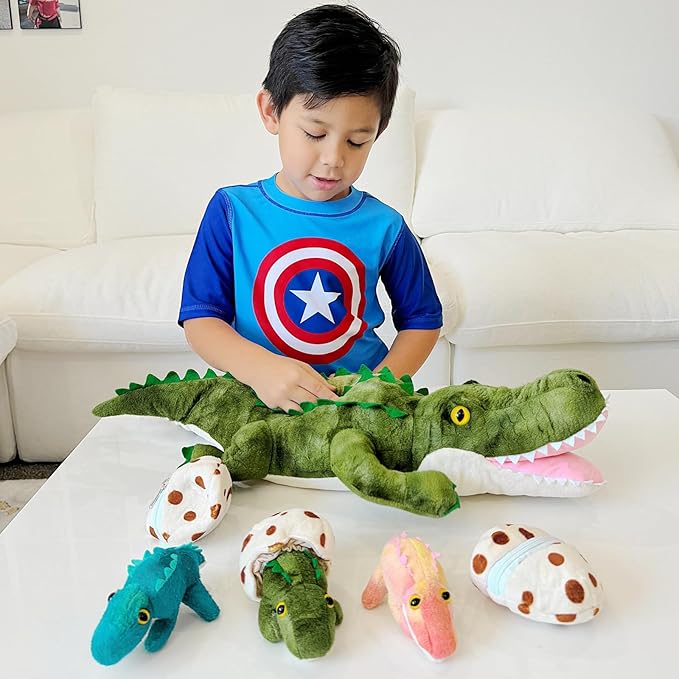 7Pcs Alligator Stuffed Animal, 23.6" Giant Crocodile Plush Toy with 3 Baby Crocodiles Plushies, Stuffed Alligator Gift for Kids on Birthday,Christmas or Baby Shower,Party Decorations