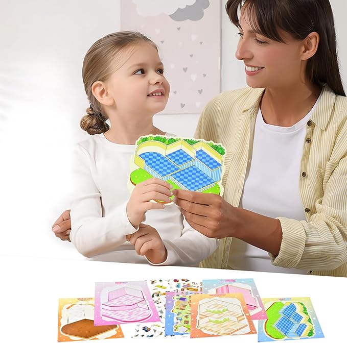 DIY 3D Fun Large Animal House Scene Stickers Book with Tweezers Make Your Own Food Store Pet Hospital Island Sticker Scenes Cute Micro Stickers for Relief Stress Pass The Time(6 Designs)