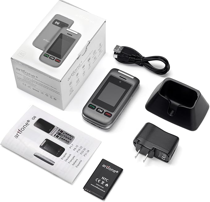 artfone G6 Pro Grey - 4G LTE Flip Phone Unlcoked丨Cell Phone for Seniors丨2.4" Dual-LCD丨SOS Button丨Loud Speaker丨Camera丨Charging Dock丨Talking Clock丨Speed Dial丨 Hands-free丨Dumb Phone丨Caller-ID丨Large Fonts