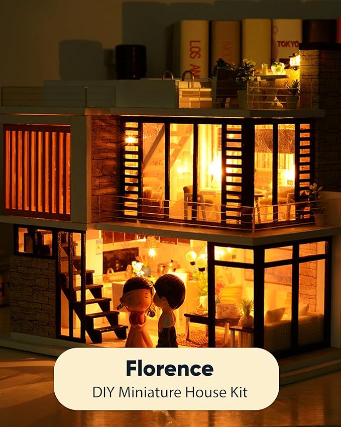 DIY Miniature House Kit, DIY Dollhouse Kit for Adults to Build, Mini House Kit with LED, Mayberry Street Miniatures, Ideal Gifts for Birthday, Halloween Christmas(Florence)