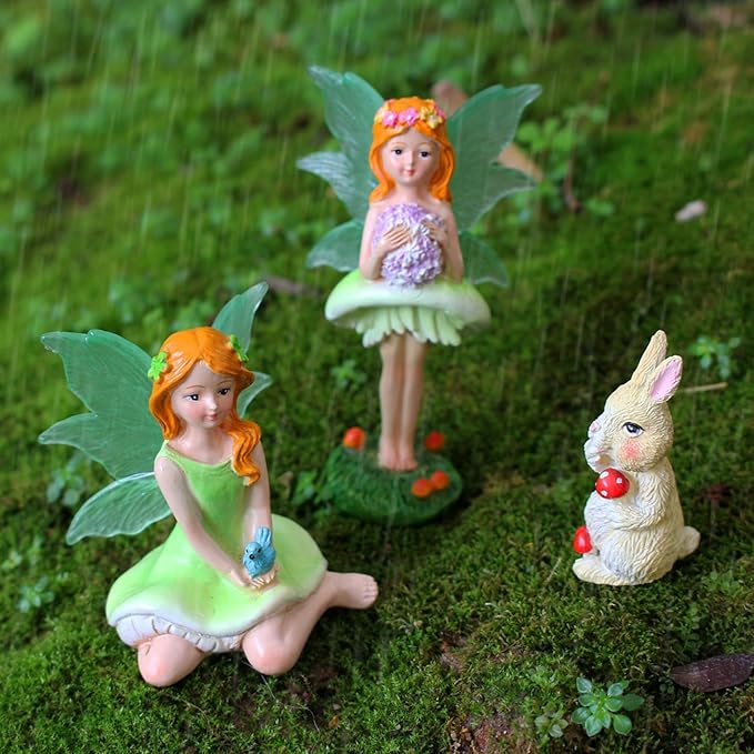 KOCNYDEY Mushroom Garden Miniatures Fairies Luminous Wings, Mini Garden Figurine Set Fairies Statues with a Rabbit for Outdoor Garden Yard Lawn Home Decor Lovely Resin Fairy Angel Accessories 3 PCS