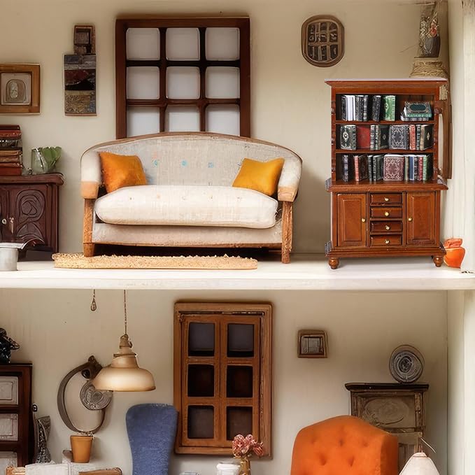 1:12 Scale Dollhouse Miniature Wooden Bookshelf Bookcase with 48 Pcs Miniature Books Mini Tiny Books for Dollhouse Mini Library Decoration Book Lover’s Reading Nook Gift(Brown)